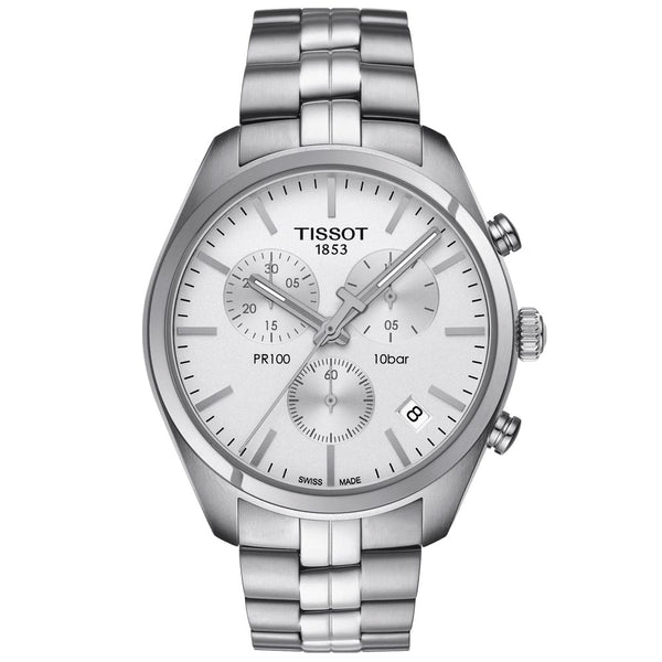 tissot t-sport pr 100 chronograph 41mm silver dial stainless steel gents watch