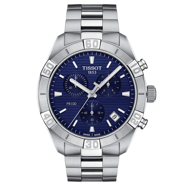 tissot t-classic t-sport pr 100 chronograph 44mm blue dial stainless steel gents watch