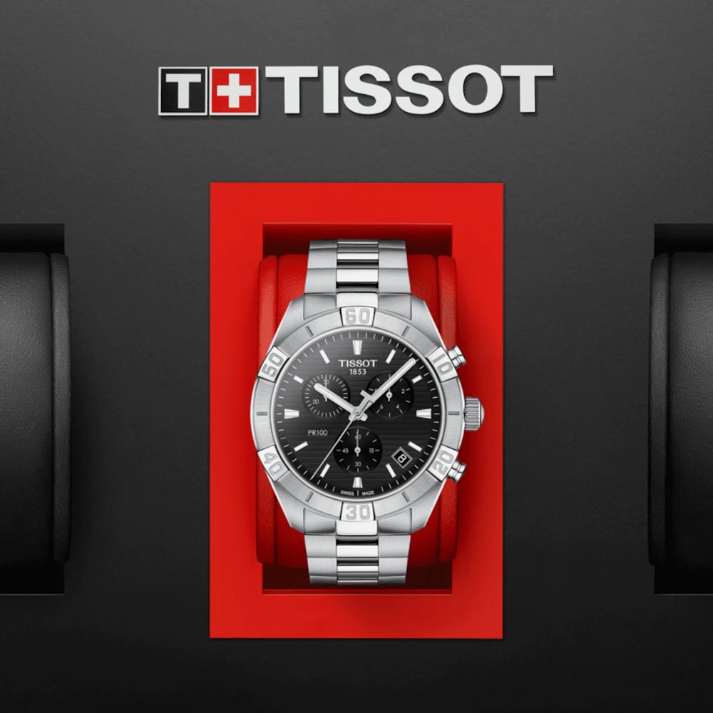 tissot t-classic t-sport pr 100 chronograph 44mm black dial stainless steel gents watch in presentation box