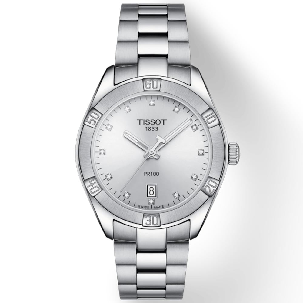 tissot t-classic pr 100 sport chic 36mm silver dial stainless steel diamond ladies watch