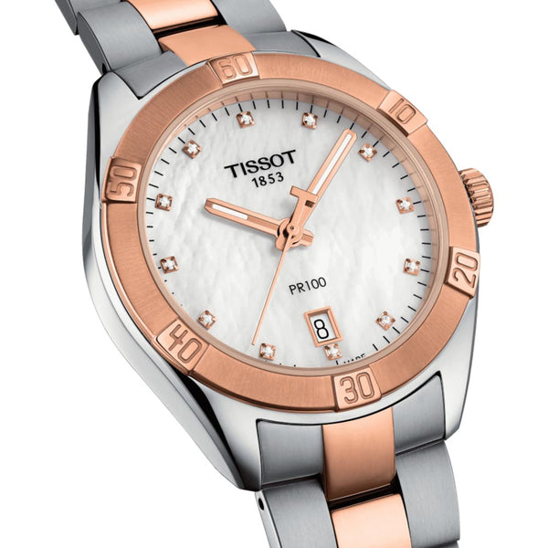 tissot t-classic pr 100 sport chic 36mm mop dial rose gold pvd steel diamond ladies watch dial close up