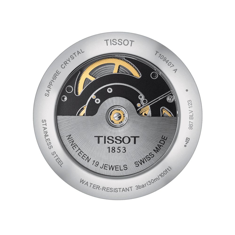 tissot t-classic everytime swissmatic 40mm silver dial stainless steel automatic gents watch case back view