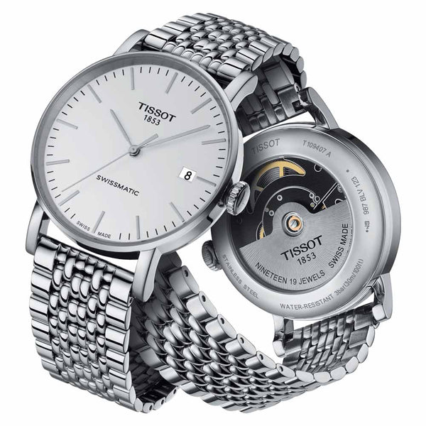 tissot t-classic everytime swissmatic 40mm silver dial stainless steel automatic gents watch front and back view