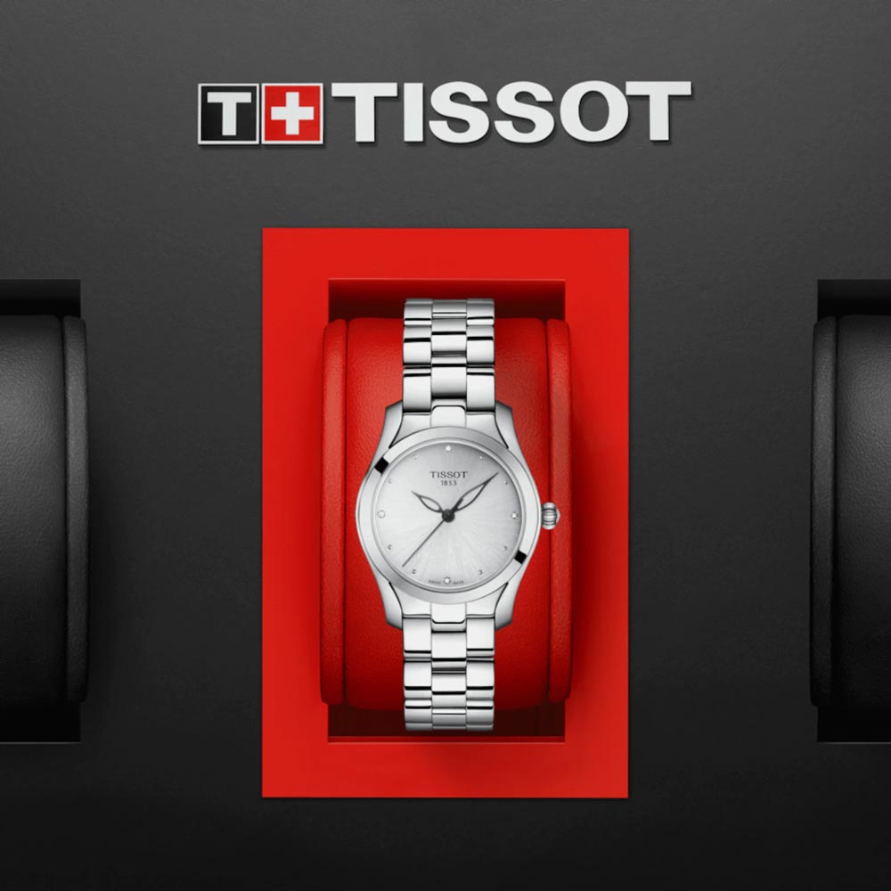 tissot t-lady t-wave 30mm silver dial stainless steel diamond watch in presentation box