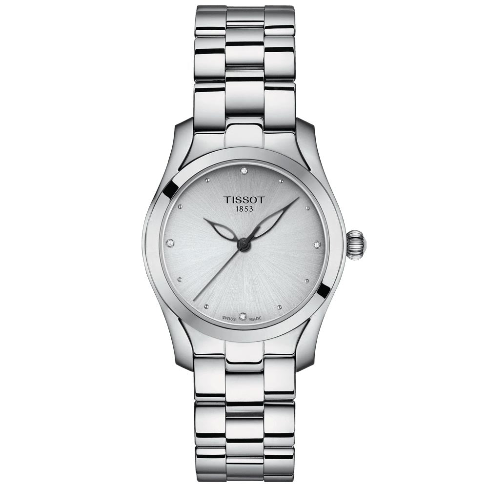 tissot t-lady t-wave 30mm silver dial stainless steel diamond watch