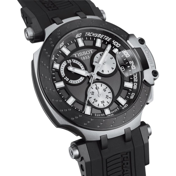 tissot t-sport t-race chronograph 43mm anthracite dial black pvd steel gents watch dial close up