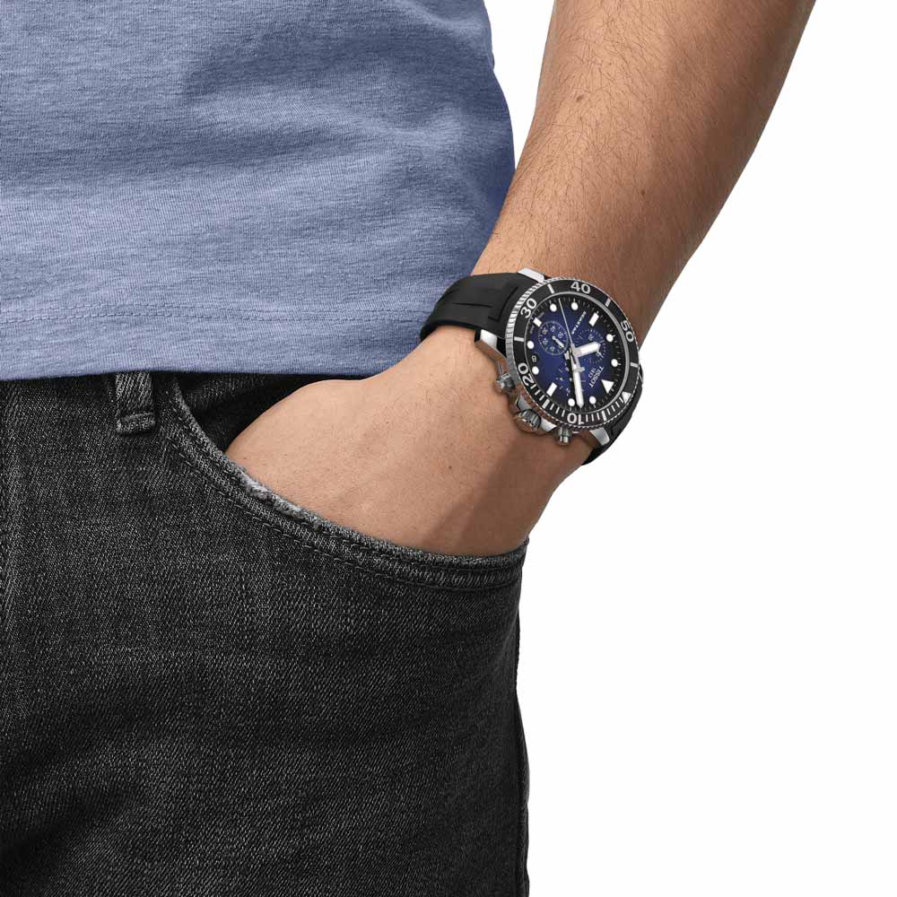 tissot t-sport seastar 1000 chronograph blue dial stainless steel gents watch model shot
