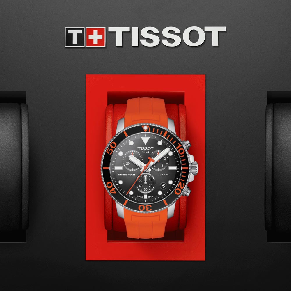 tissot t-sport seastar 1000 chronograph black dial stainless steel gents watch in presentation box