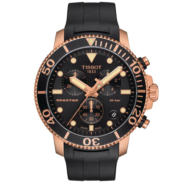 tissot t-sport seastar 1000 chronograph black dial rose gold pvd steel gents watch