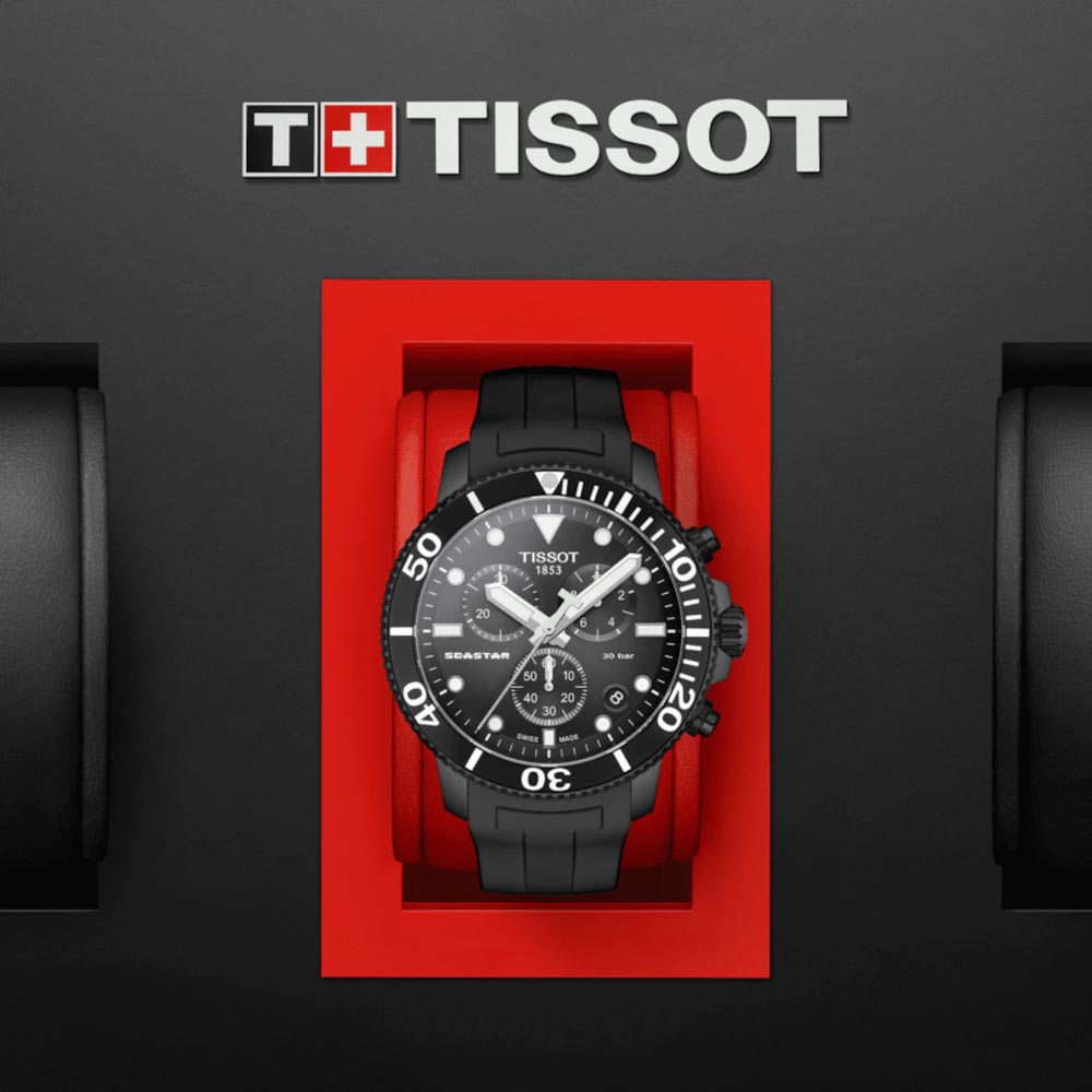 tissot t-sport seastar 1000 chronograph black dial black pvd steel gents watch in presentation box
