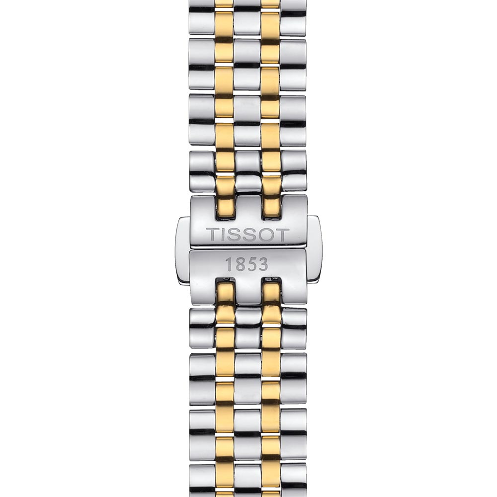 tissot t-classic carson premium lady 30mm silver dial gold pvd steel automatic watch clasp view