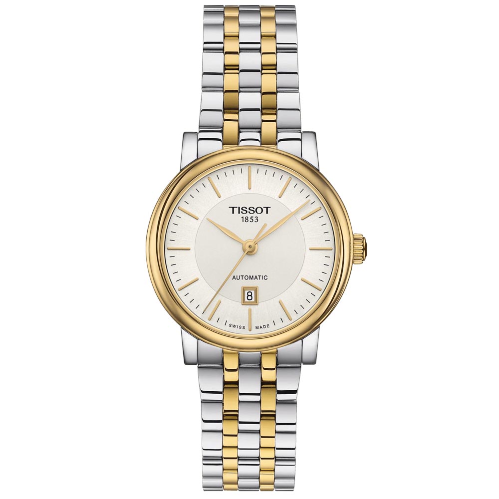 tissot t-classic carson premium lady 30mm silver dial gold pvd steel automatic watch