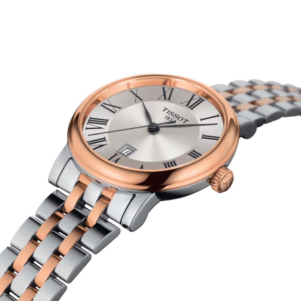 tissot t-classic carson premium lady 30mm silver dial rose gold pvd steel watch lug view