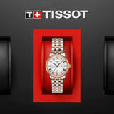 tissot t-classic carson premium lady 30mm silver dial rose gold pvd steel watch in presentation box