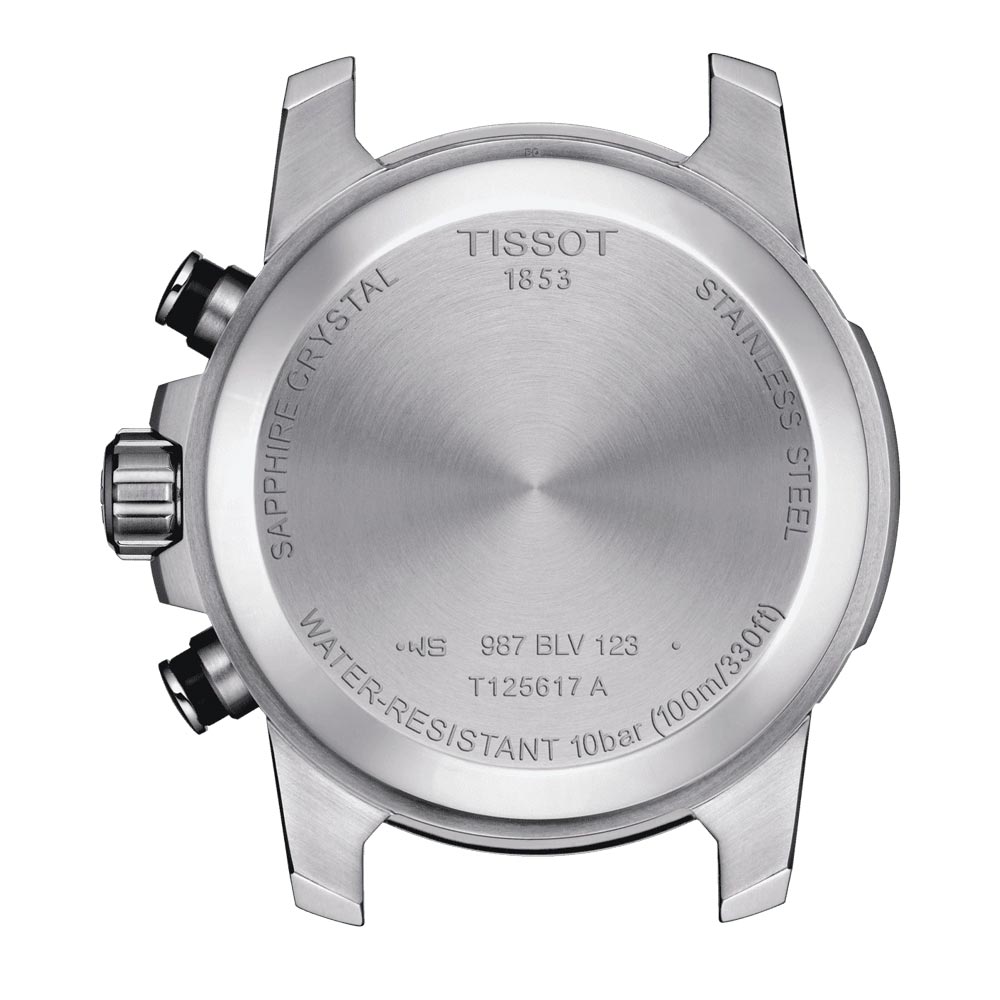 tissot t-sport supersport chrono blue dial stainless steel gents watch case back view