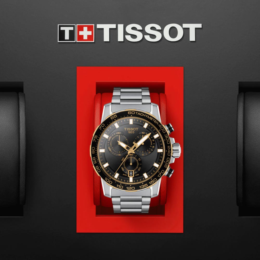 tissot t-sport supersport chrono black dial gold pvd steel gents watch in presentation box