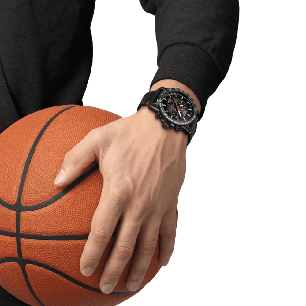 tissot t-sport supersport chrono basketball edition black dial stainless steel gents watch model shot holding basketball