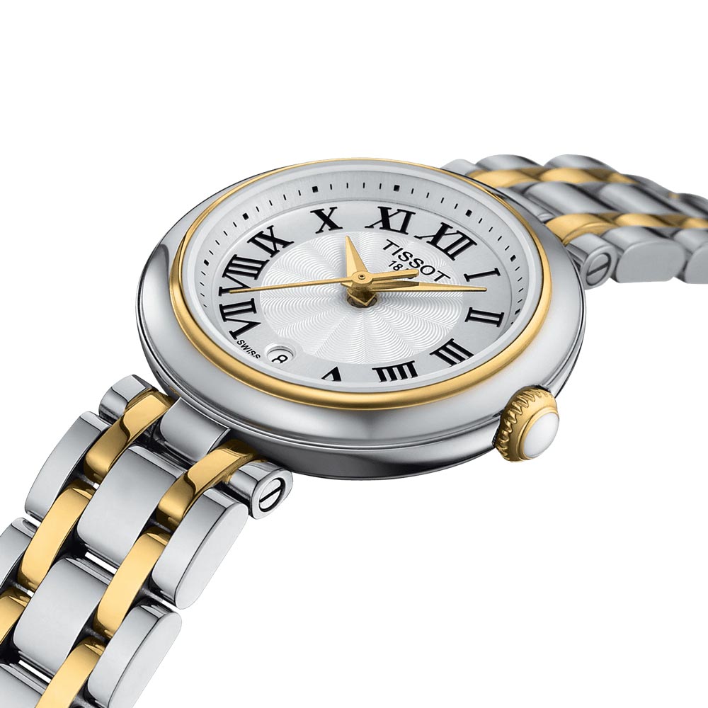 tissot bellissima small lady 26mm silver dial yellow gold pvd steel quartz watch lug view