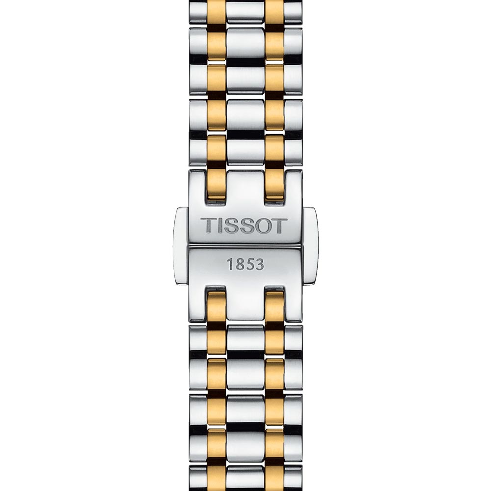 tissot bellissima small lady 26mm silver dial yellow gold pvd steel quartz watch clasp view