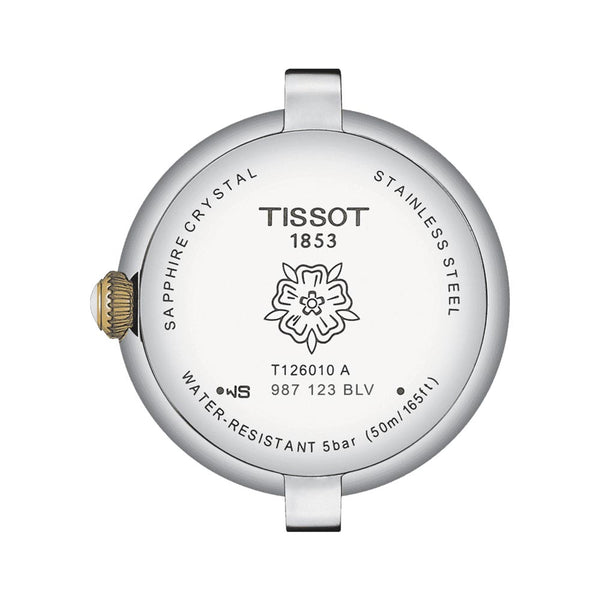 tissot bellissima small lady 26mm silver dial yellow gold pvd steel quartz watch case back view
