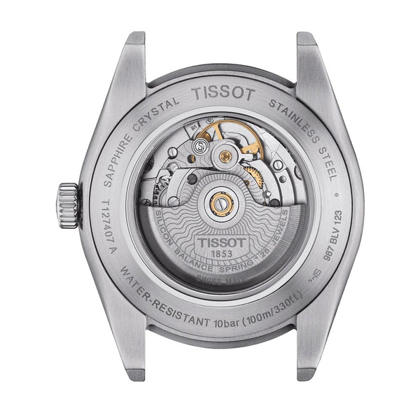 tissot gentleman powermatic 80 silicium 40mm black dial automatic watch gents case back view