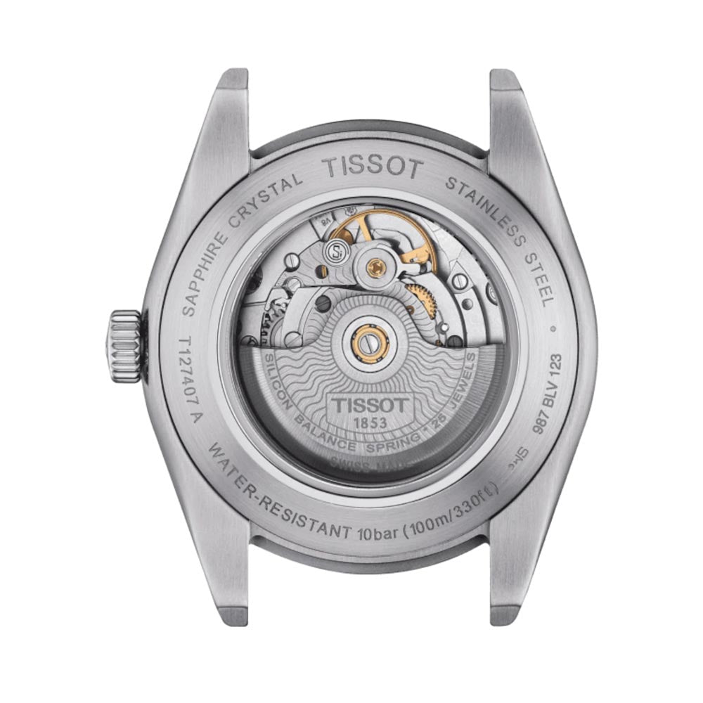 tissot t-classic gentleman powermatic 80 silicium 40mm anthracite dial stainless steel automatic watch case back view