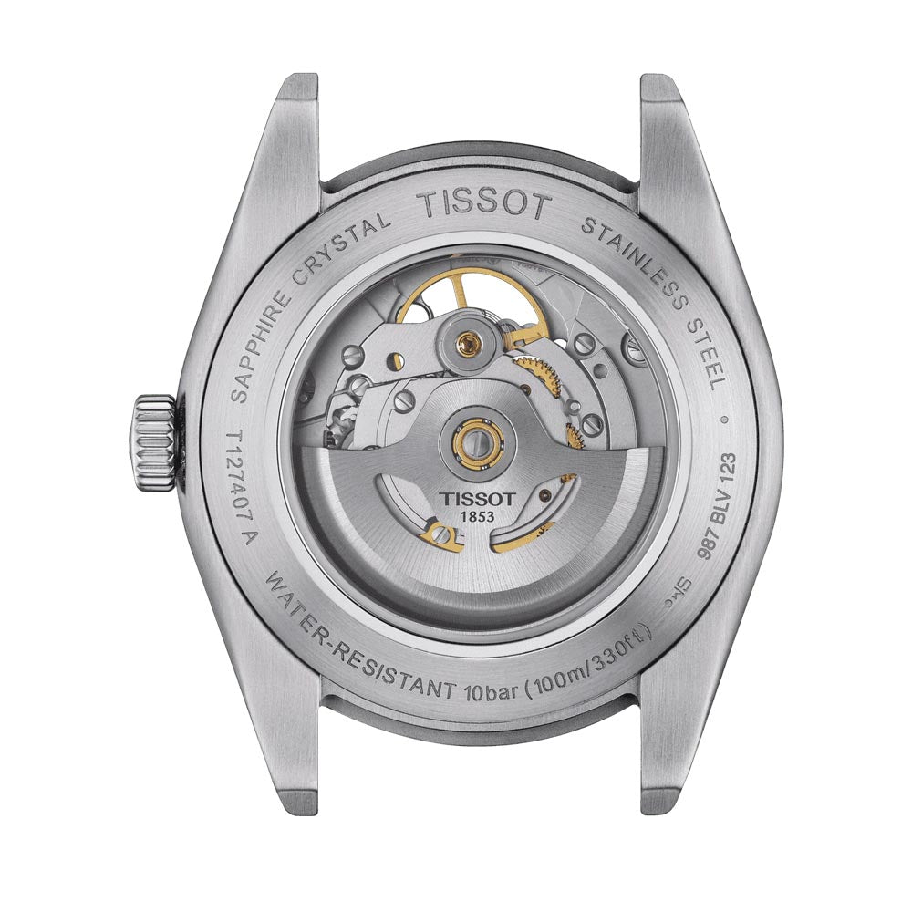 tissot t-classic gentleman powermatic 80 open heart 40mm rhodium dial stainless steel automatic watch case back view