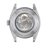 tissot t-classic gentleman powermatic 80 open heart 40mm rhodium dial stainless steel automatic watch case back view