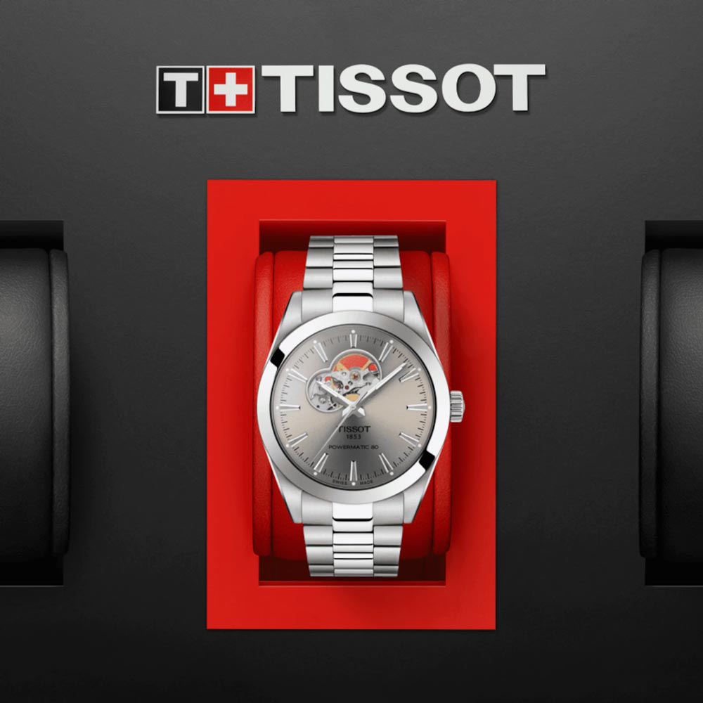 tissot t-classic gentleman powermatic 80 open heart 40mm rhodium dial stainless steel automatic watch in presentation box