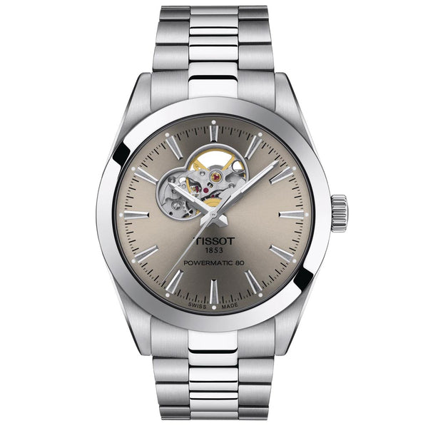 tissot t-classic gentleman powermatic 80 open heart 40mm rhodium dial stainless steel automatic watch