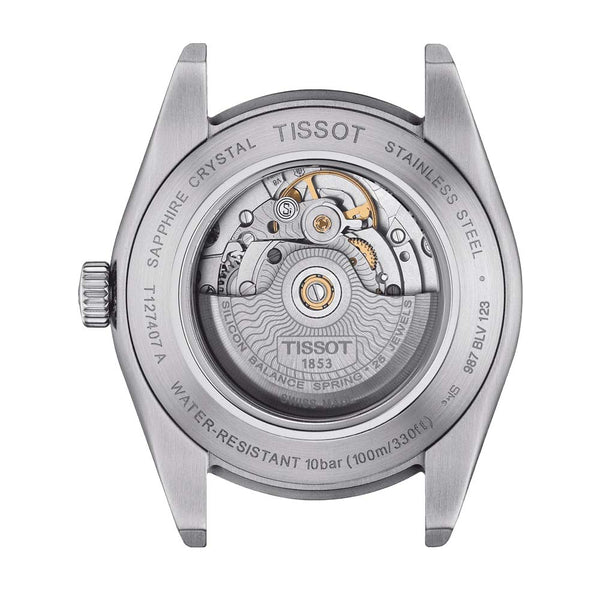 tissot gentleman powermatic 80 silicium 40mm green dial automatic gents watch case back view