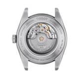 tissot t-classic gentleman powermatic 80 silicium 40mm blue dial stainless steel automatic watch case back view