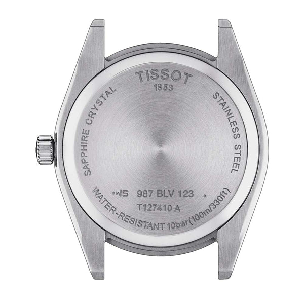 tissot gentleman 40mm blue dial gents quartz watch case back view