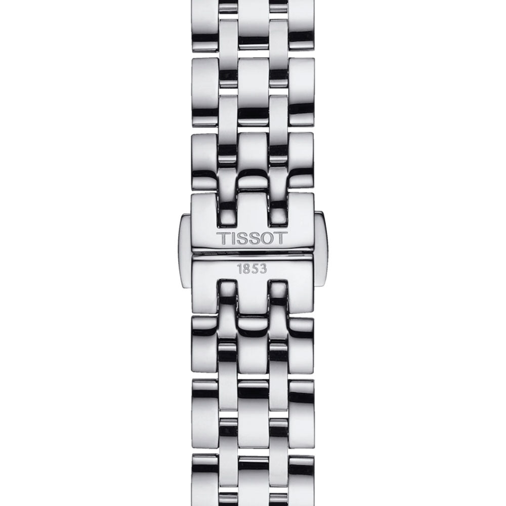 tissot t-classic dream lady 28mm white dial stainless steel watch clasp view