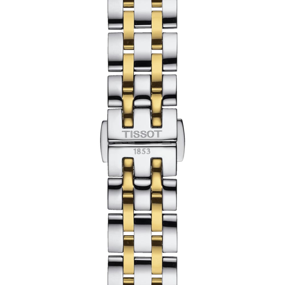 tissot t-classic dream lady 28mm silver dial yellow gold pvd steel watch clasp view