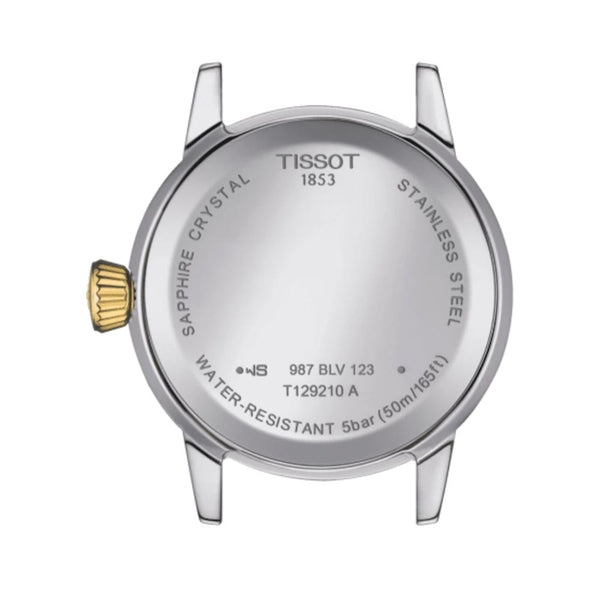 tissot t-classic dream lady 28mm silver dial yellow gold pvd steel watch case back view