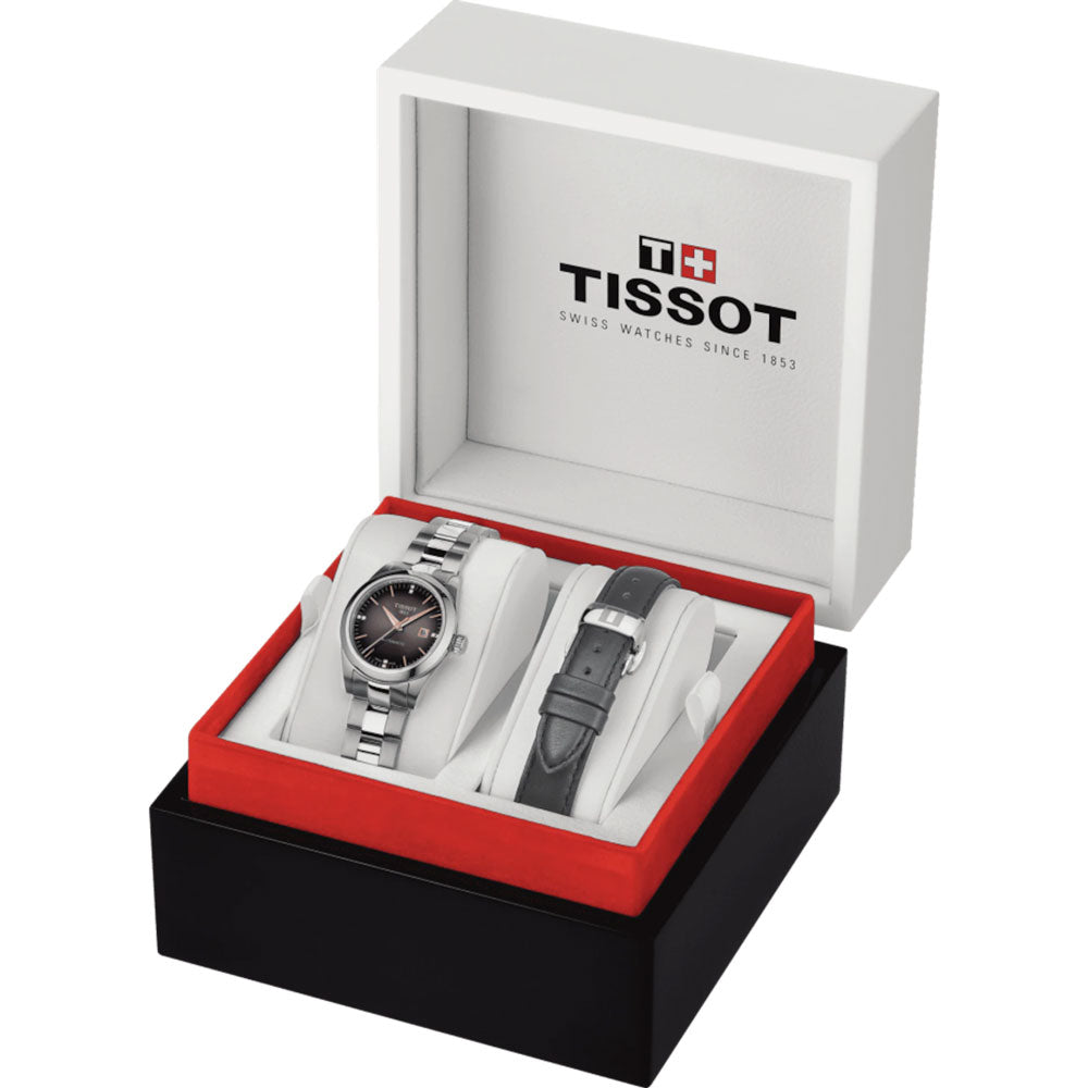 tissot t-classic t-my lady anthracite dial stainless steel diamond automatic watch in presentation box