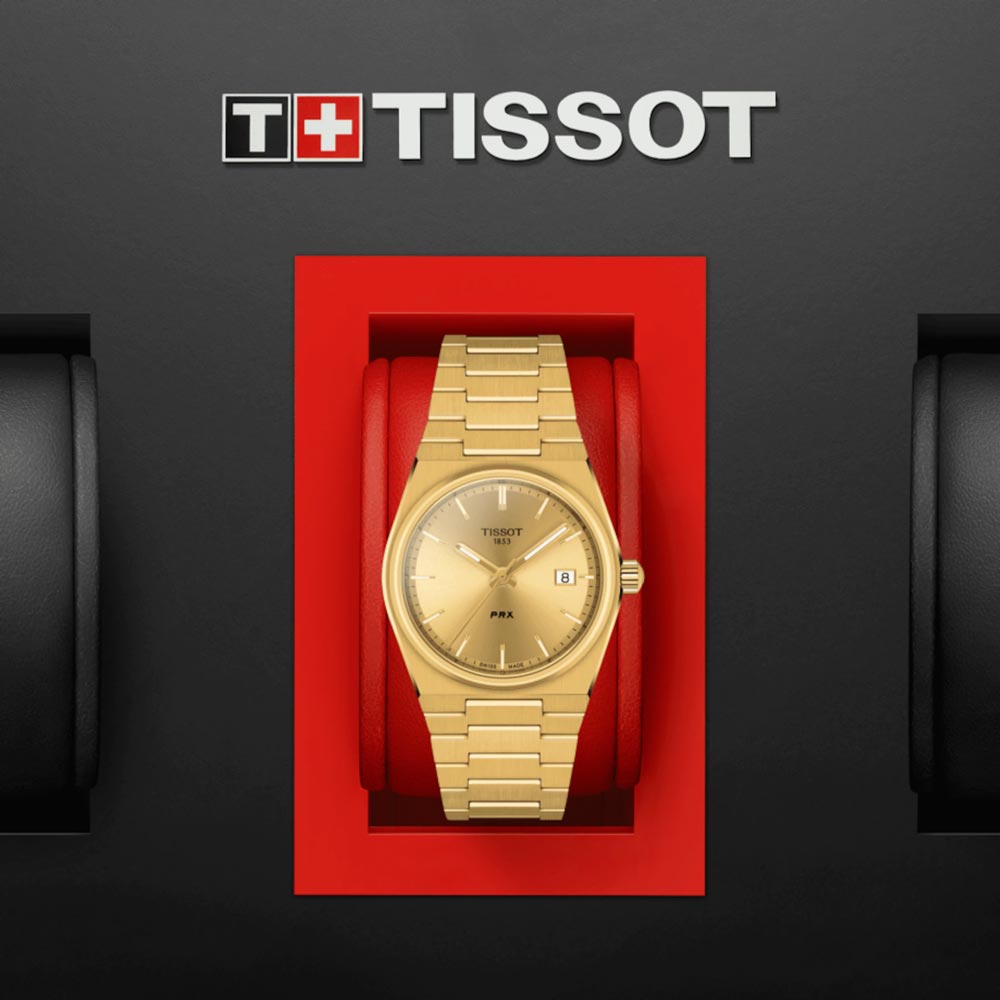 tissot t-classic prx 35mm champagne dial gold pvd steel watch in presentation box