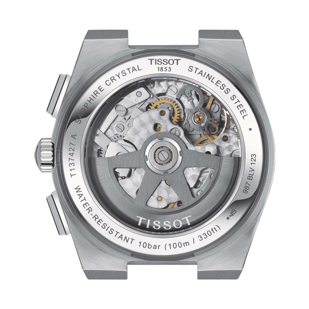 tissot t-classic prx chronograph 42mm blue dial stainless steel automatic gents watch case back view