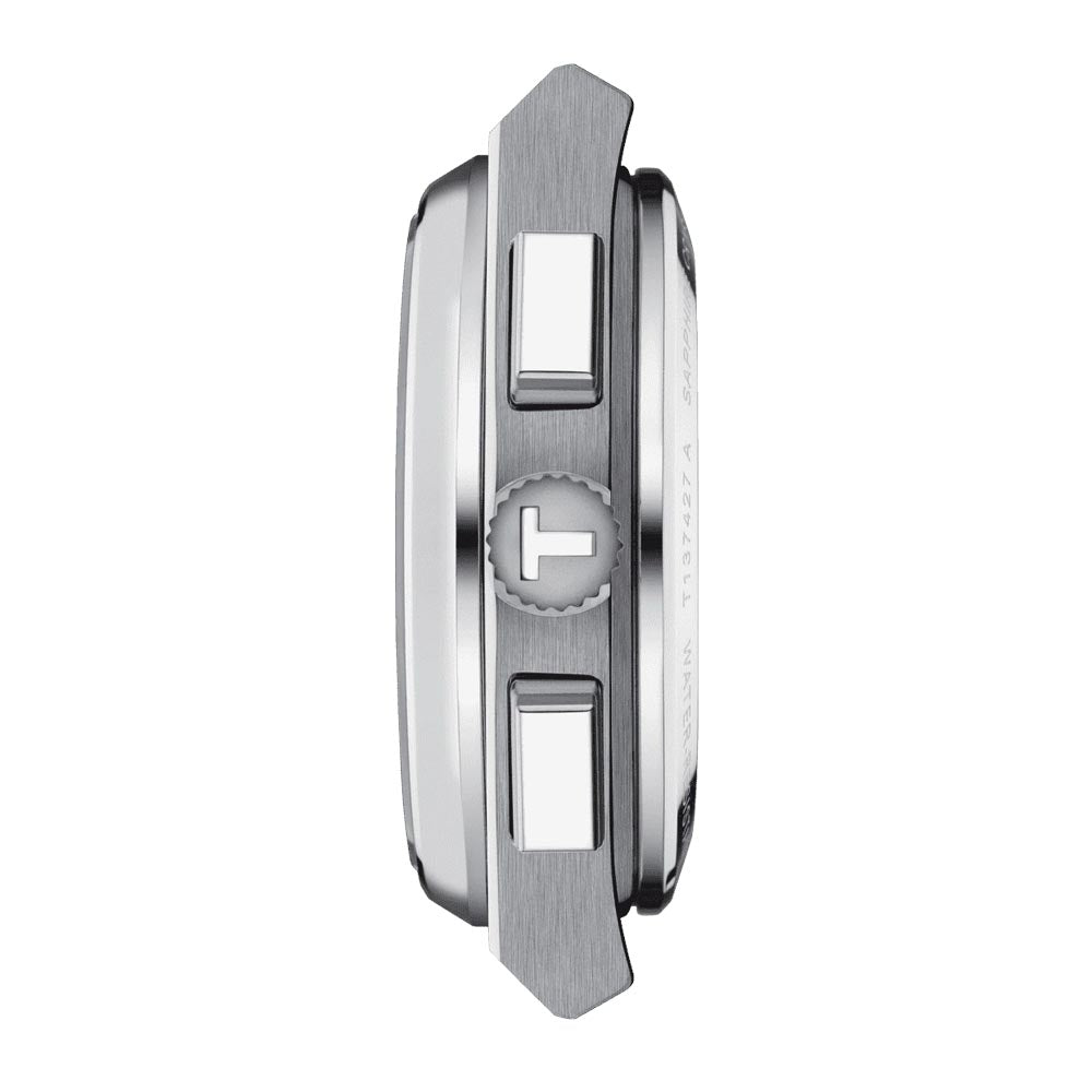 tissot t-classic prx chronograph 42mm blue dial stainless steel automatic gents watch side of case view