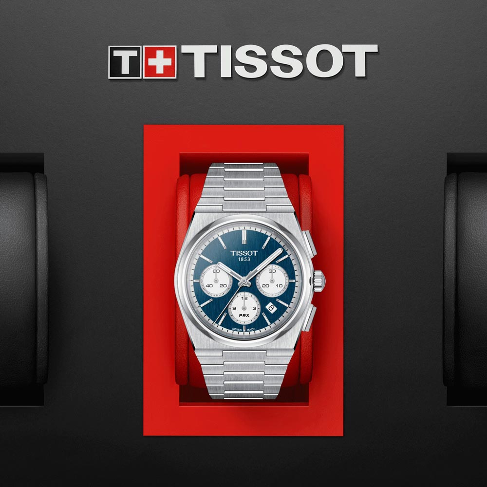 tissot t-classic prx chronograph 42mm blue dial stainless steel automatic gents watch in presentation box