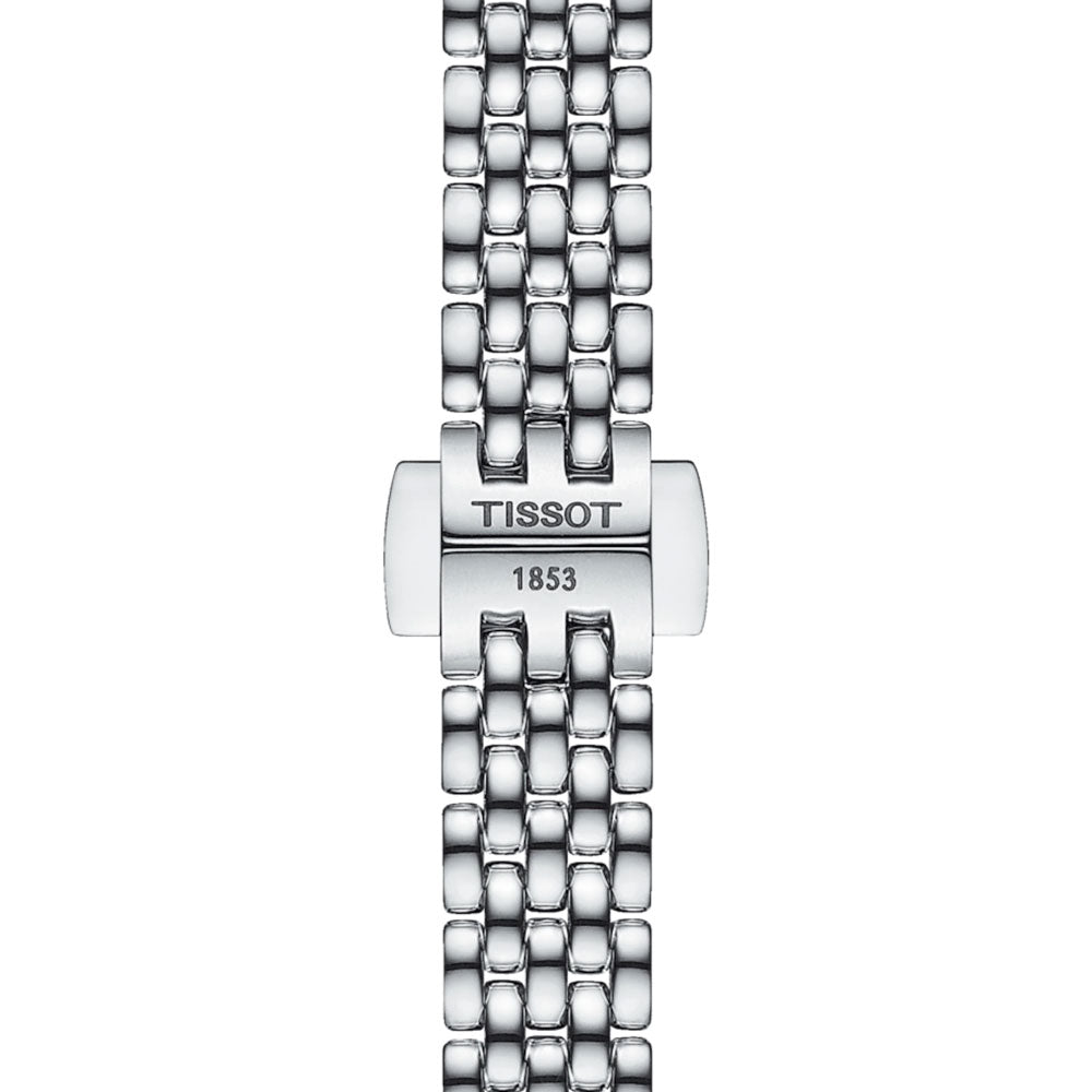tissot t-lady lovely round mop dial stainless steel watch clasp view