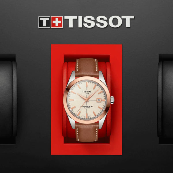 tissot t-classic gentleman powermatic 80 silicium 18ct rose gold & steel 40mm automatic watch in presentation box
