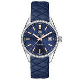 tag heuer carrera 39mm blue dial with diamond bezel quartz ladies watch on a blue leather strap front facing upright image