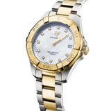 tag heuer aquaracer 32mm mop dial 18ct gold plated steel diamond quartz ladies watch dial close up