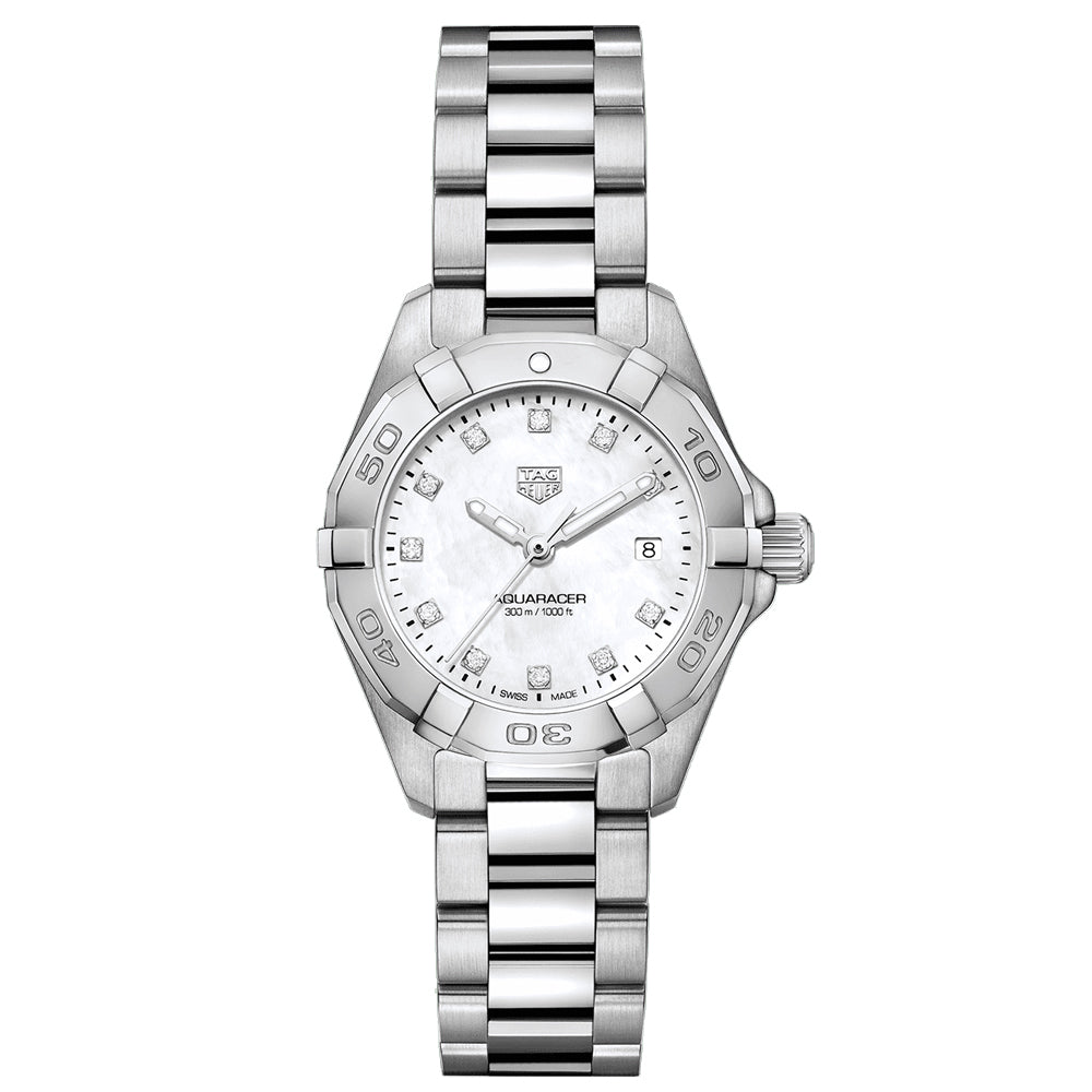 TAG Heuer Ladies Aquaracer 27mm White MOP Dial Stainless Steel Diamond Watch WBD1414.BA0741