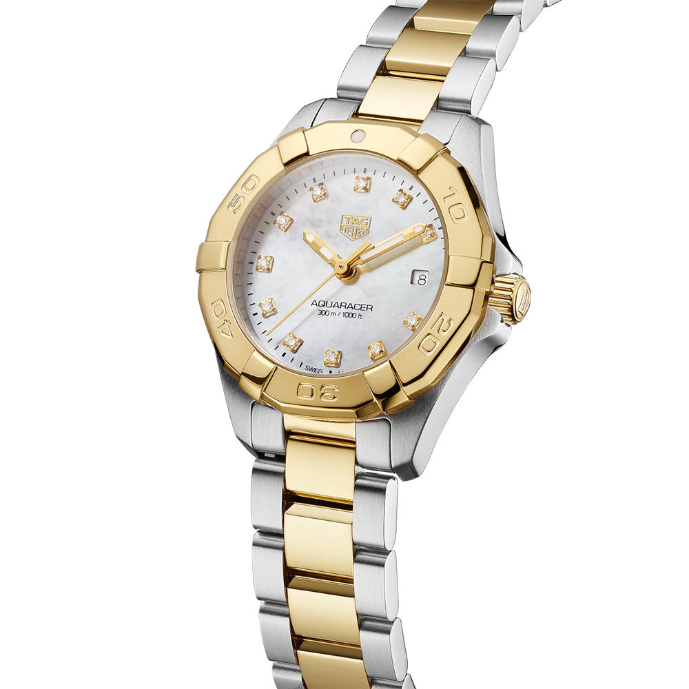 TAG Heuer Aquaracer 27mm Diamond Dot MOP Dial 18ct Gold Plated Steel Two Tone Quartz Ladies Watch WBD1422.BB0321