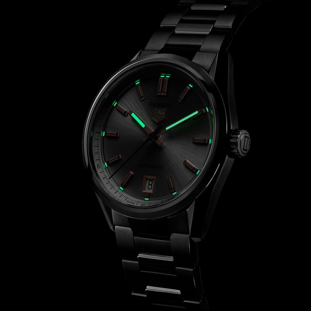 tag heuer carrera date 36mm grey dial automatic ladies watch in the dark shot