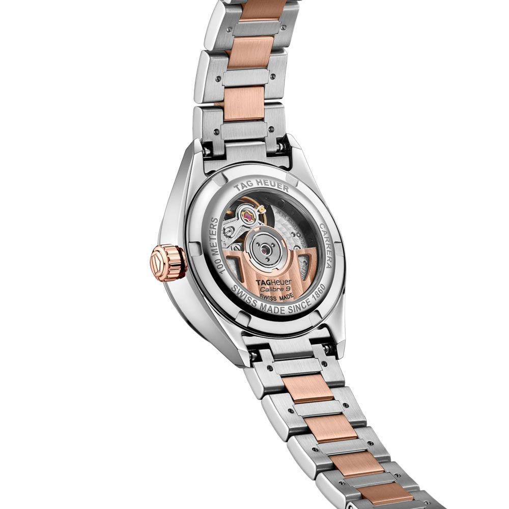 tag heuer carrera date 29mm mop dial 18ct rose gold plated steel diamond automatic ladies watch case back view