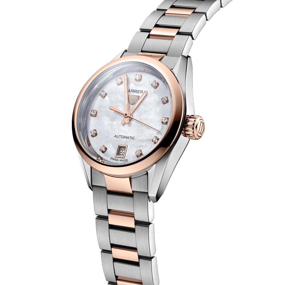 TAG Heuer Carrera Date 29mm MOP Dial 18ct Rose Gold Plated Steel Diamond Automatic Ladies Watch WBN2450.BD0569